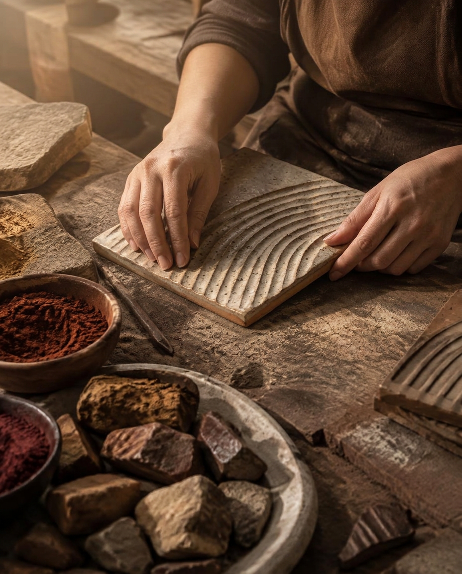 An artisan shaping a clay architectural tile by hand