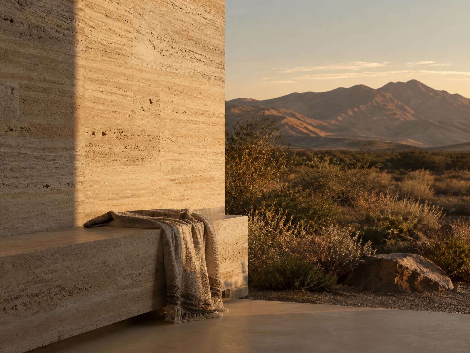 Travertine architecture opening onto a sunlit native landscape